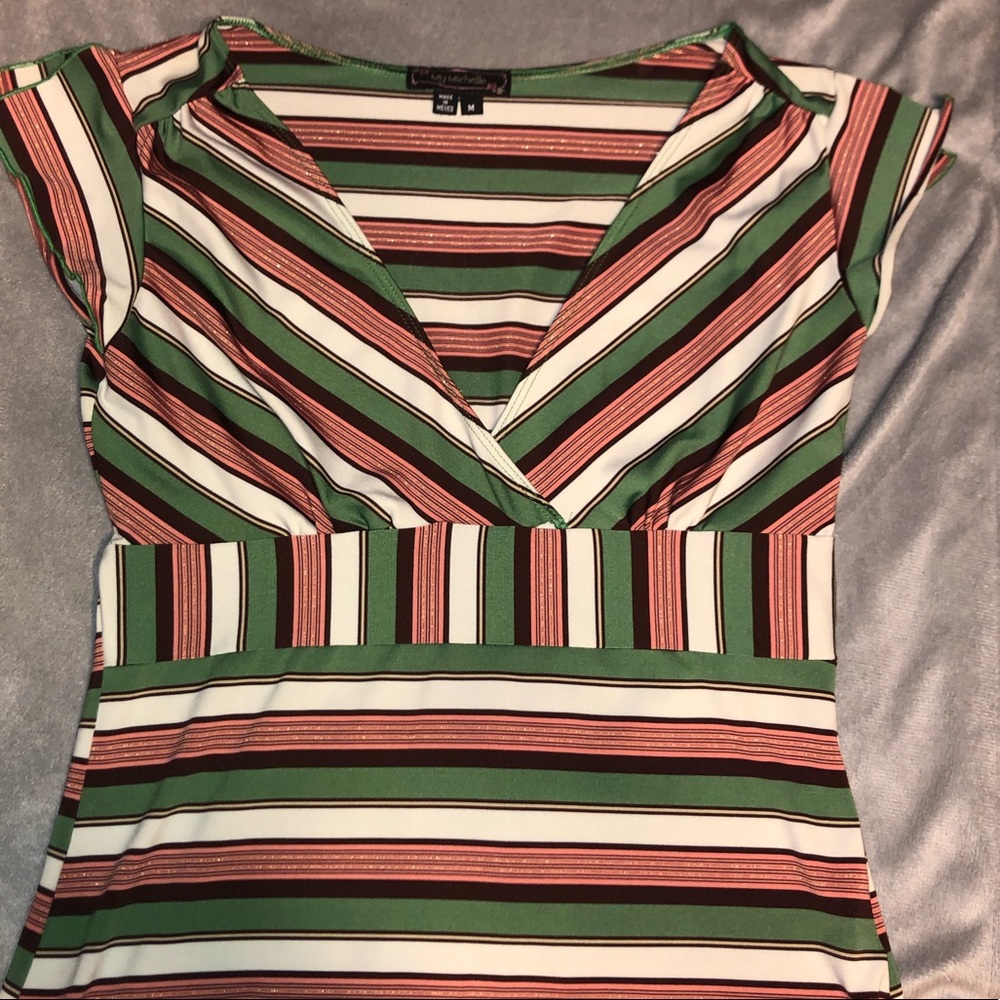 My Michelle V-neck Pink, Green, and White Blouse